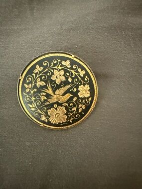 Black and Gold Floral Bird Brooch Gold tone and Black